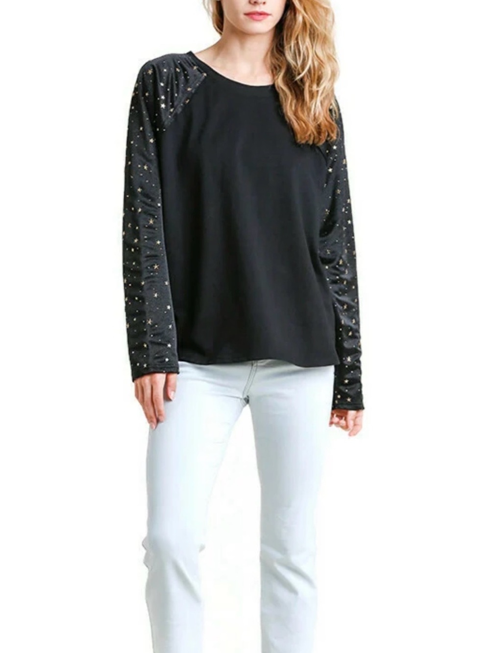 Umgee Black Long Sleeve Sweatshirt with Metallic Star Sleeves